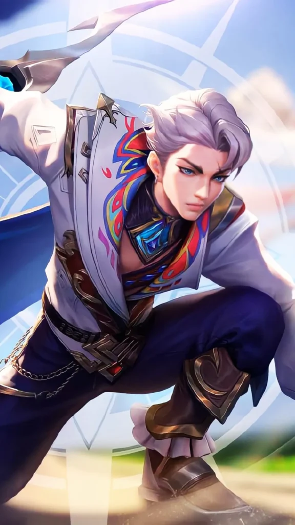 Ảnh murad thiên luân kiếm thánh đứng nghiêng nền tối, ánh kim giáp nổi, gươm lóe sáng