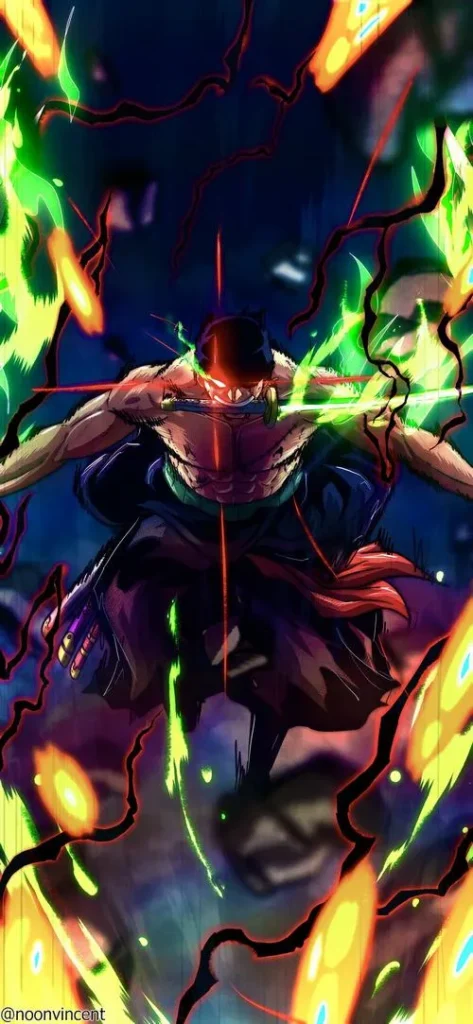 Tải ảnh Zoro bá đạo haki tam kiếm phái, ánh mắt lạnh, vệt chém sắc nổi trên nền tối