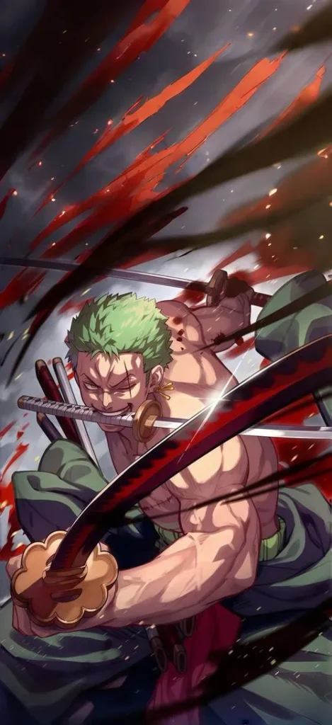 Hình nền điện thoại đẹp Zoro tam kiếm phái, chuôi kiếm sắc nét, vệt chém gọn dứt khoát
