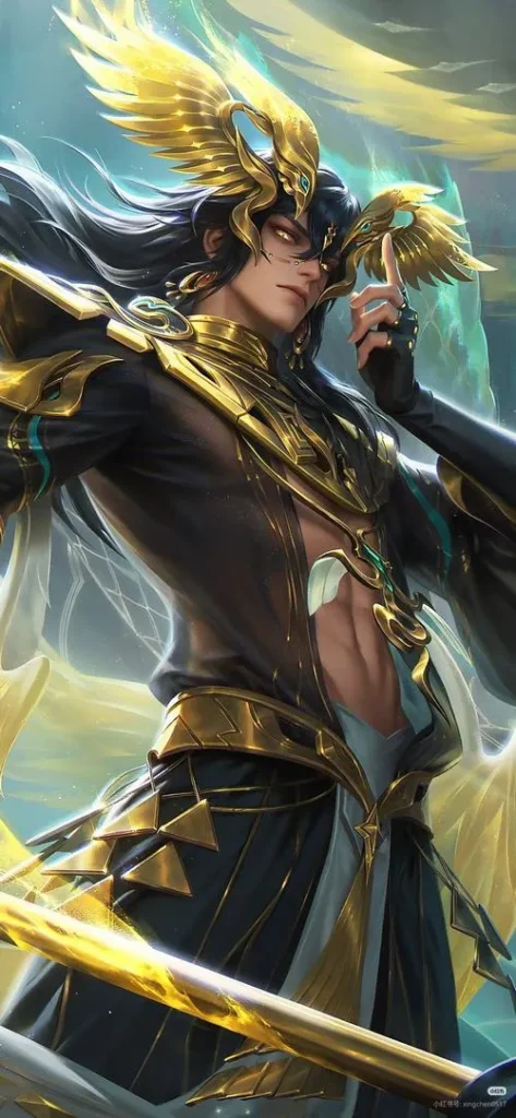 Ảnh Liên Quân Nakroth góc nghiêng điện ảnh, điểm nhấn ở mắt, vũ khí sáng lạnh, bố cục dọc 9:16.