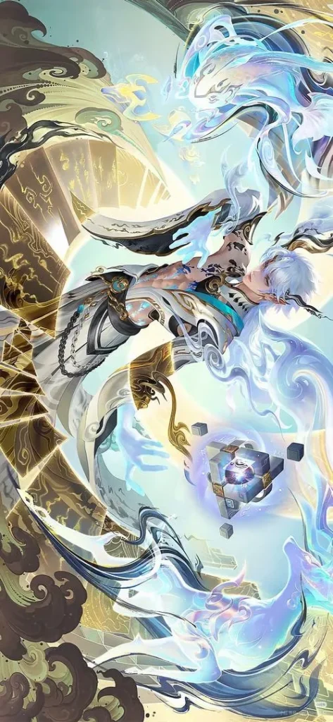 Nakroth đứng nổi khối, giáp phản quang, ánh sáng viền xanh, nền chiến trường mờ sâu hút.