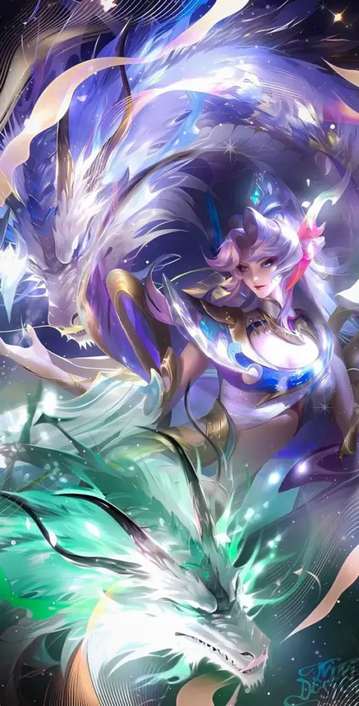 Ảnh aoi akane mang vibe anime, vuốt rồng nổi bật, vệt lướt tím ngọc trên nền rừng