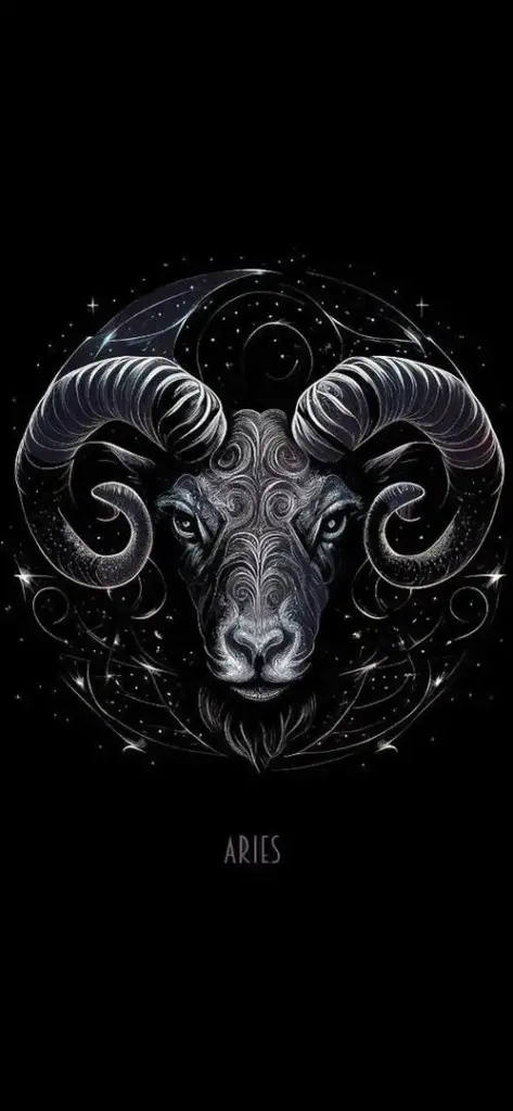 Biểu tượng đầu cừu màu đen đặt giữa nền đen sâu, sừng cuộn gọn và ánh sáng nhẹ ở mép tạo cảm giác tối giản, rất hợp làm hình nền Aries ngầu cho điện thoại