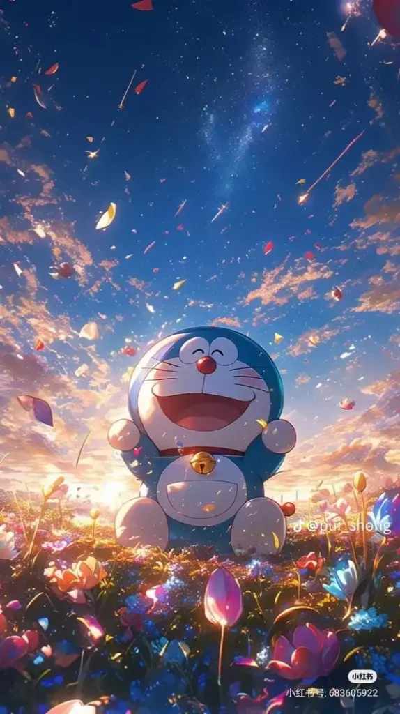 Bầu trời pháo sáng làm Doraemon mô phỏng chân thực nổi bật, thích hợp hình nền điện thoại lung linh.