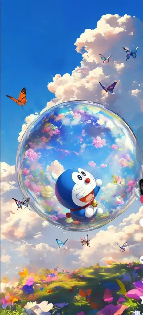 Bong bóng bay cao khiến Doraemon phiên bản đồ họa máy tính trông nhẹ bẫng, hợp hình nền sáng.