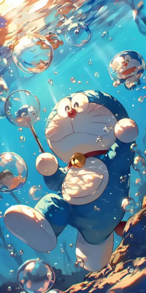 Hiệu ứng bong bóng nước trong ảnh Doraemon phong cách 3D, màu trong trẻo, hợp hình nền điện thoại.