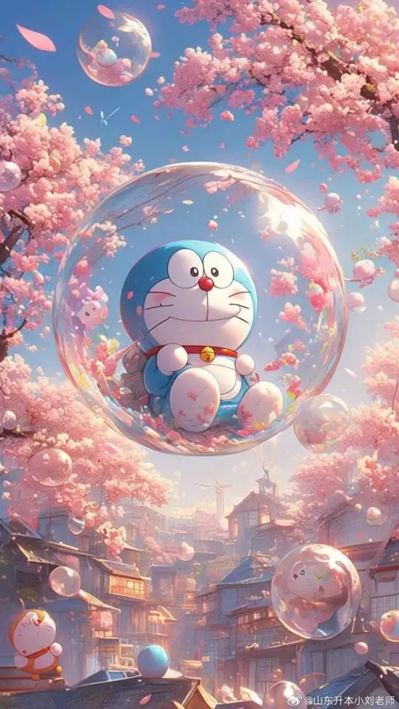 Tải ảnh Doraemon dựng khối trong bong bóng hoa đào, mắt bóng nhẹ, nền hồng mơ màng
