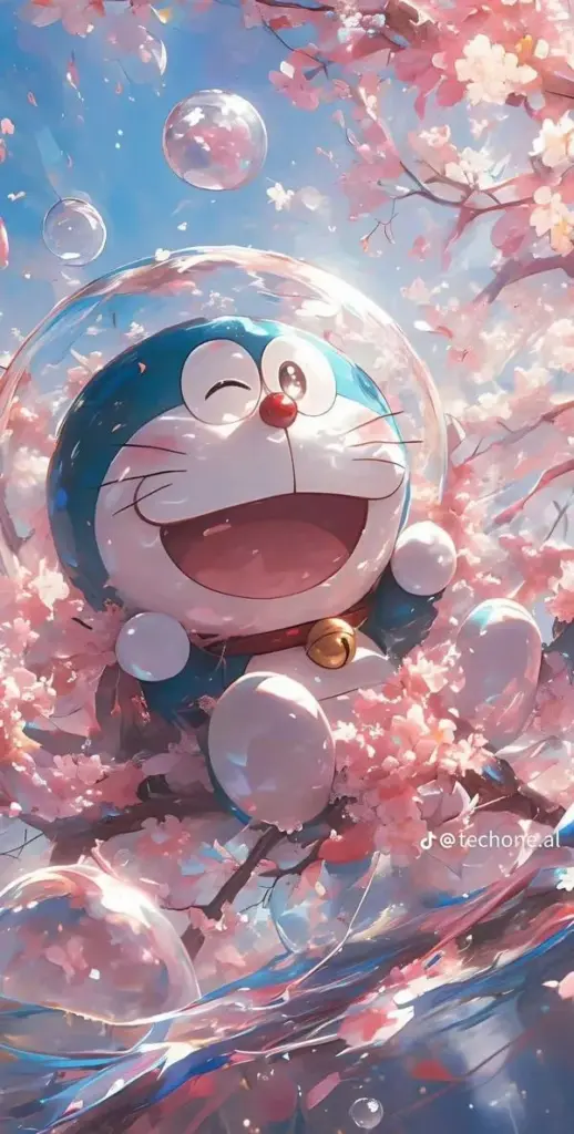 Cánh hoa bay quanh nhân vật ở ảnh Doraemon phong cách 3D, ánh hồng dịu, hợp avatar mềm mại.