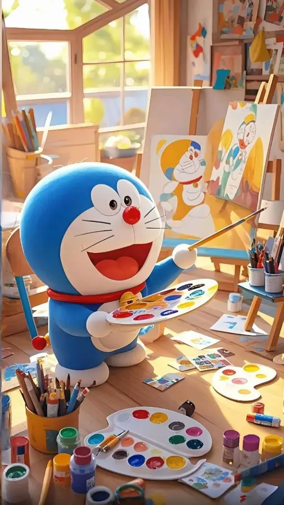 Phòng vẽ ấm áp trong hình Doraemon dựng khối, chi tiết rõ, hợp ảnh bìa cho bài viết.