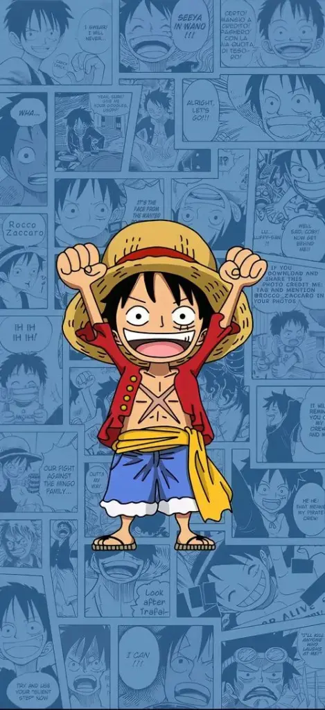 Hình nền Luffy chibi đứng giữa nền xanh họa tiết, mũ rơm nổi bật, vibe gọn gàng.