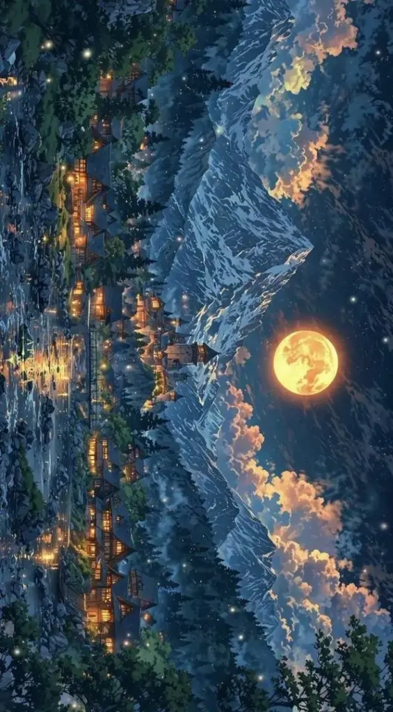 Ảnh nền dọc mặt trăng tròn sáng trên biển mây tối, dãy núi xanh đen chồng lớp phía dưới làm khung đêm này giữ được vẻ lạnh và rất yên