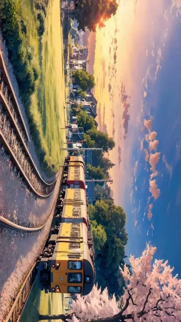 Hình nền cho máy đoàn tàu chạy qua ga nhỏ lúc hoàng hôn, hoa anh đào hai bên và bầu trời hồng tím khiến cảnh này mang chất điện ảnh rất rõ