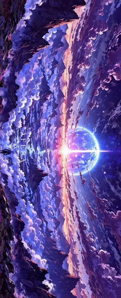 Ảnh nền khung dọc vòng sáng tím mở giữa các lớp mây xoáy, tia sáng tập trung ở tâm làm bức ảnh giả tưởng này trông lạ mắt như cảnh 3D trên màn hình