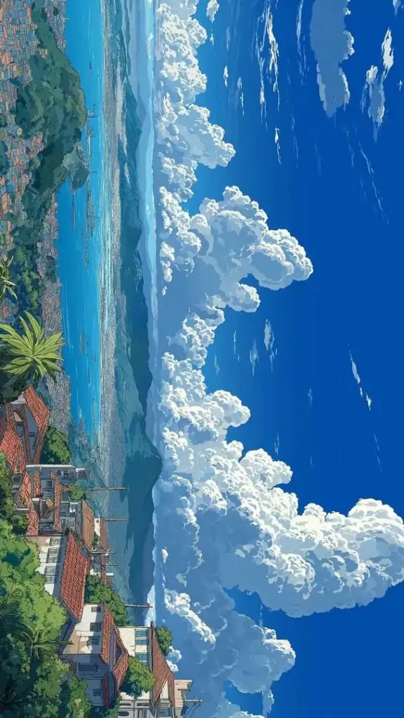 Biển xanh trong với mây trắng to và bờ cát sáng hiện ra từ góc nhìn cao, toàn cảnh sạch và rộng khiến ảnh nền thiên nhiên này rất hợp ngày hè