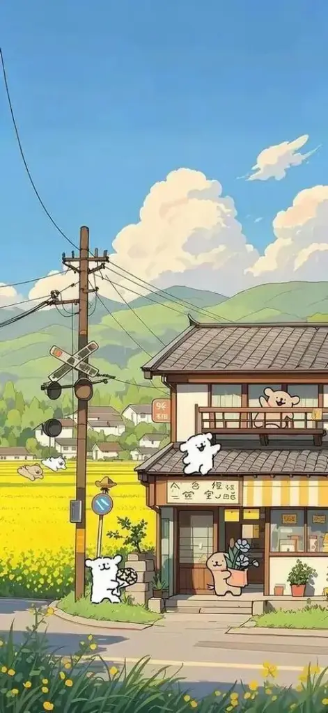 Ảnh nền 4K căn nhà nhỏ bên đường ray dưới nền trời nhạt, cột điện và bụi cỏ quanh sân khiến khung cảnh thôn quê này trông thân quen như một lát cắt mùa hè