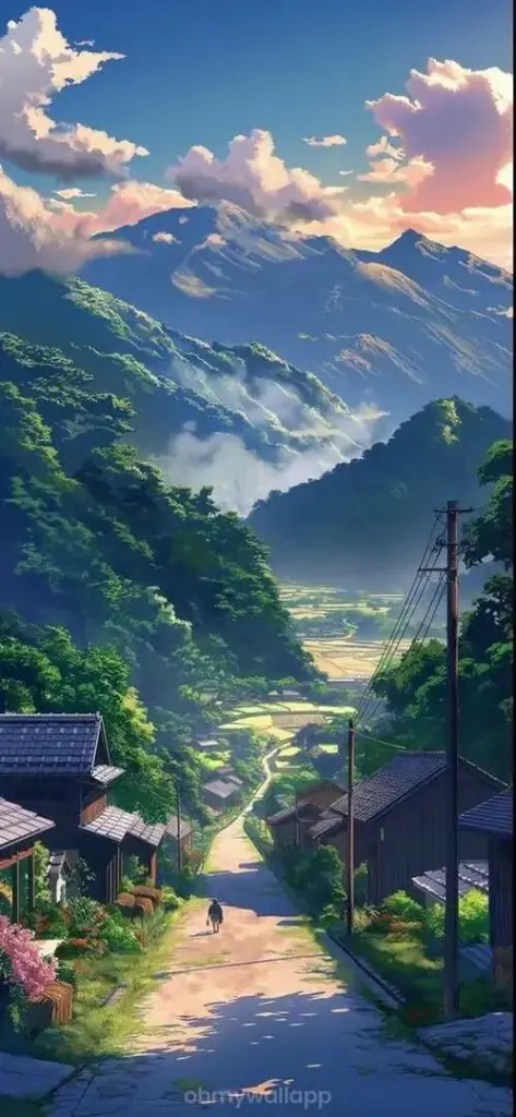 Con đường nhỏ len giữa vách núi xanh tím, ánh chiều phủ hồng lên mây và sườn đá làm bức phong cảnh dọc này trầm hơn nhưng vẫn rất êm