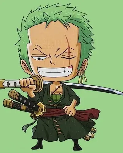 Bộ 50 Ảnh Zoro Chibi cute cầm ba thanh kiếm tóc xanh rêu và sẹo mắt trái nổi bật