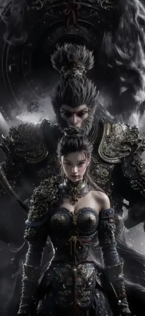 Thiên Mệnh Nhân đứng nghiêng trong màn sương sớm sau rừng thông vai áo phủ nước mỏng và đầu gậy hắt sáng nhẹ khiến ảnh đồ họa Black Myth nhìn rất êm mà chắc