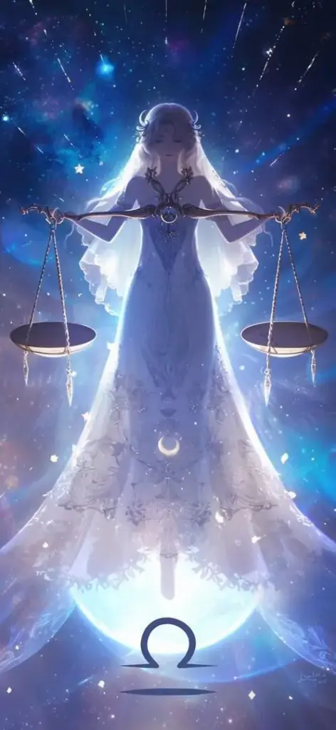 Một dáng người sáng trắng đứng quay lưng giữa vũ trụ xanh tím, hai cánh tay mở rộng như giữ thăng bằng cho đôi cán cân hai bên, bố cục dọc khiến cảm giác Libra rõ hơn hẳn