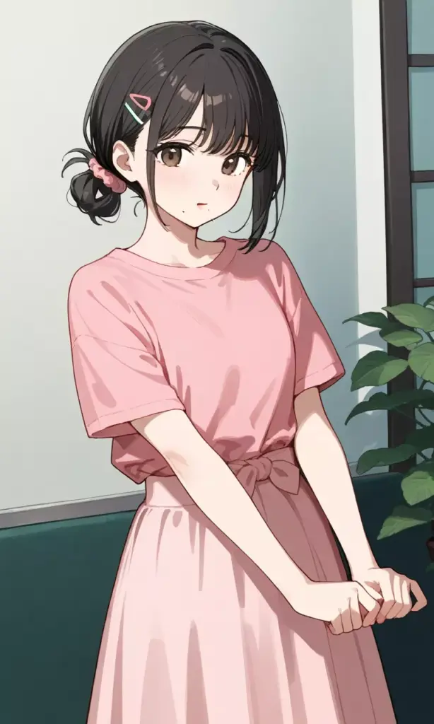 Xuka mặc váy hồng đơn giản, đứng trong phòng, tay khép nhẹ, nét hiền và gọn gàng