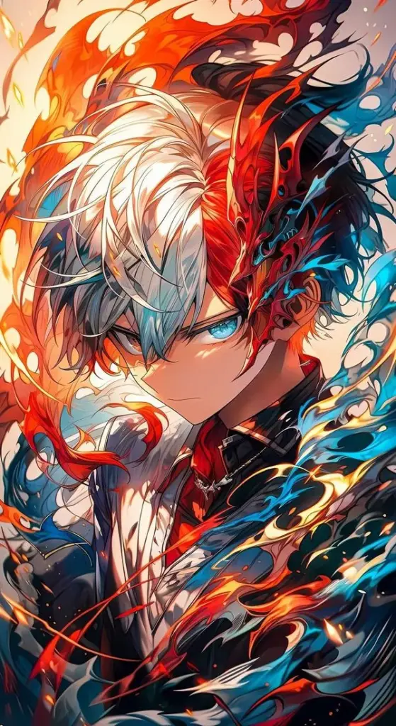 Cận mặt Shoto Todoroki tóc hai màu, băng lửa quấn quanh, ánh nhìn lạnh mà sắc.