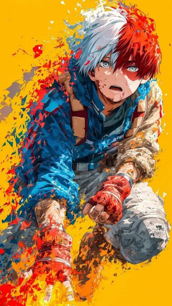 Ảnh nhân vật Shoto Todoroki ngồi nghiêng, áo khoác tối màu, lửa đỏ loang cạnh băng xanh.