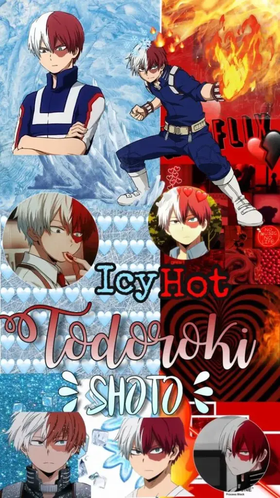 Hình Shoto Todoroki phong cách poster, nền đỏ xanh đối chọi, dáng đứng điềm tĩnh.