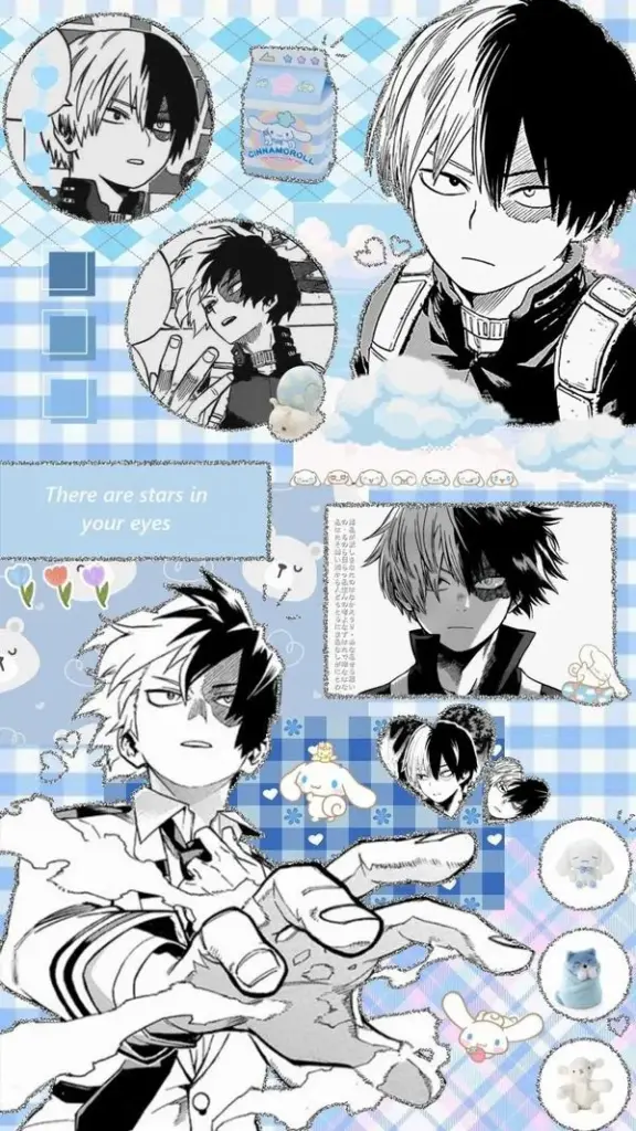 Tranh Shoto Todoroki kiểu manga trắng xanh, nhiều cảnh giao tiếp, ánh mắt dịu hơn.