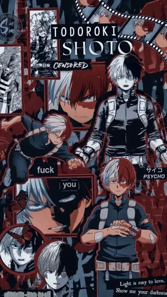Poster Shoto Todoroki tông tối, nhiều khoảnh khắc chiến đấu, băng lửa làm nền dày.
