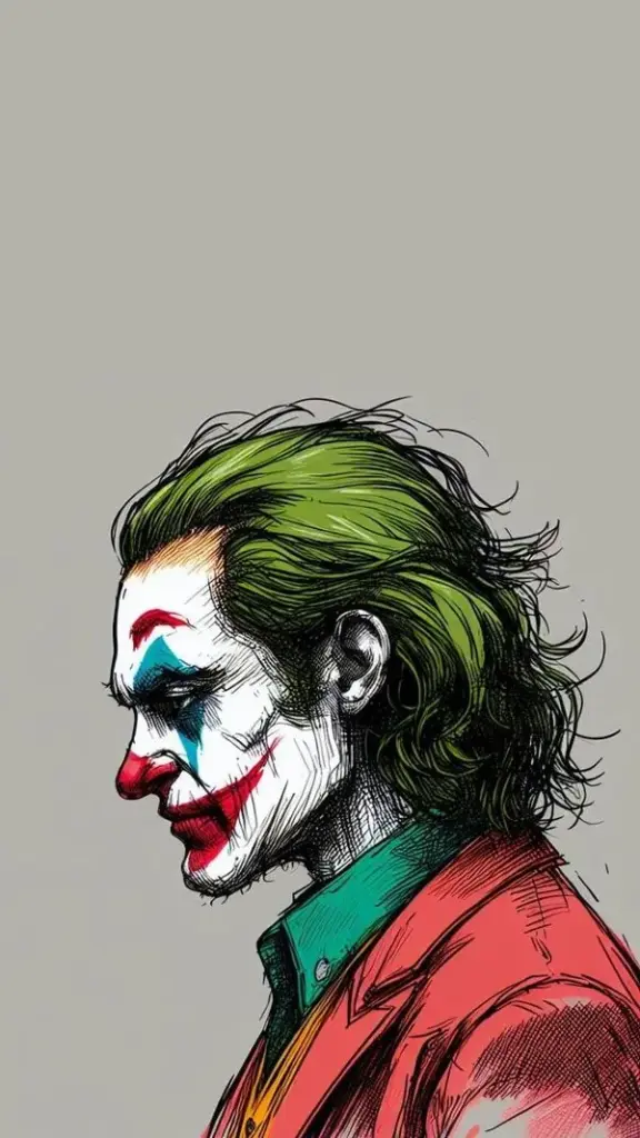 Ảnh nền mô tả Joker bước ra từ bãi xe tầng hầm với vệt sơn đỏ trên tay áo, ánh đèn vàng cũ và nền bê tông ẩm khiến toàn cảnh ngầu theo kiểu rất khô