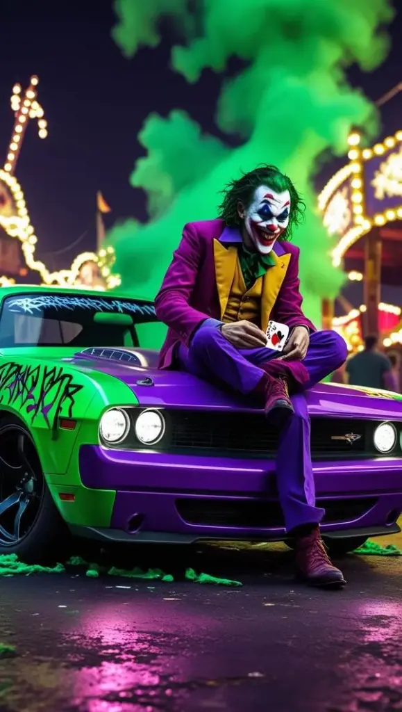 Hình nền điện thoại khắc họa Joker đứng cạnh máy chơi game cũ trong khu vui chơi tắt đèn, các bảng hiệu neon xanh đỏ phản lên áo vest tạo bề mặt 3D khá rõ