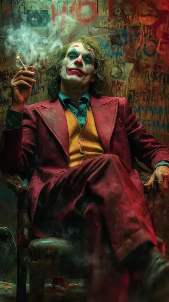 Hình nền đặt Joker trên cây cầu sắt phủ sương, cổ áo dựng cao và thân người mảnh nổi lên giữa khung trời xám, tạo cảm giác 4K lạnh và trống tới mức nghe được gió