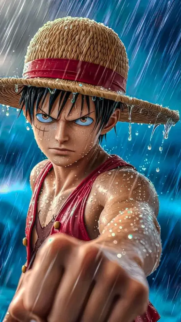 Ảnh màn hình chờ Luffy tung cú đấm, nước bắn và ánh viền lạnh, nền xanh làm nhân vật bật lên.