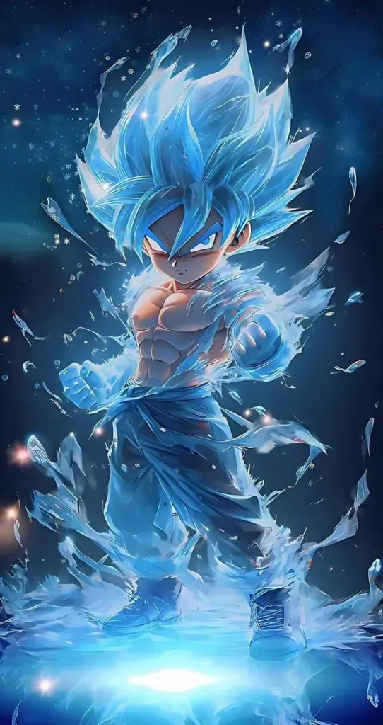 Hình nền Goku tóc xanh bùng khí, hiệu ứng băng sương và hạt sáng dày, chiều sâu rất đã mắt.