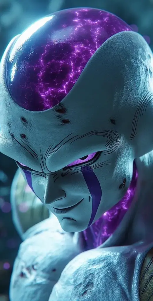Frieza Dragon Ball nền tím đậm, ánh viền lạnh, chất liệu da bóng và chi tiết cơ thể sắc nét.