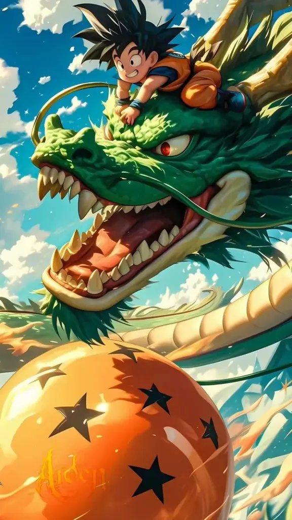 Ảnh nền Shenron ôm ngọc rồng, màu xanh vàng tương phản mạnh, nền mờ giúp rồng nổi khối rõ.