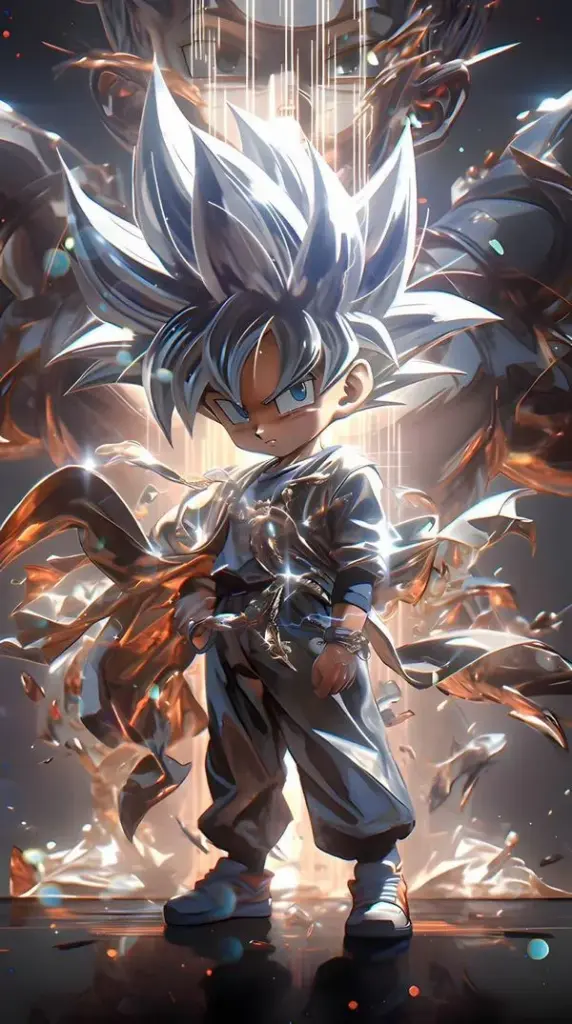 Goku Ultra Instinct tạo dáng chiến đấu, sét trắng quanh người, đổ bóng sâu và ánh sáng cực gắt.