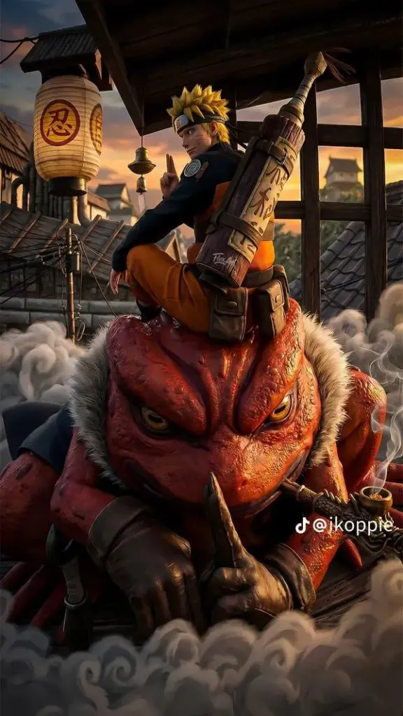 Wallpaper Naruto ngồi trầm, tông cam nâu ấm, nền làng lá mờ tạo cảm giác kể chuyện.