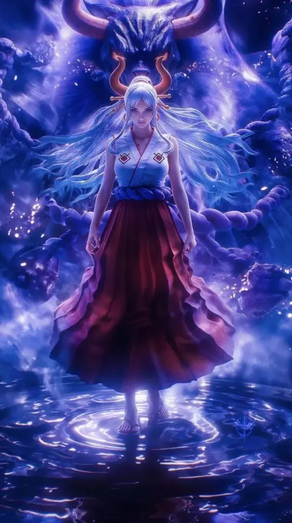 Nhân vật áo choàng đứng giữa năng lượng xanh tím, sương khói dày, ánh sáng đổ lớp rất điện ảnh.