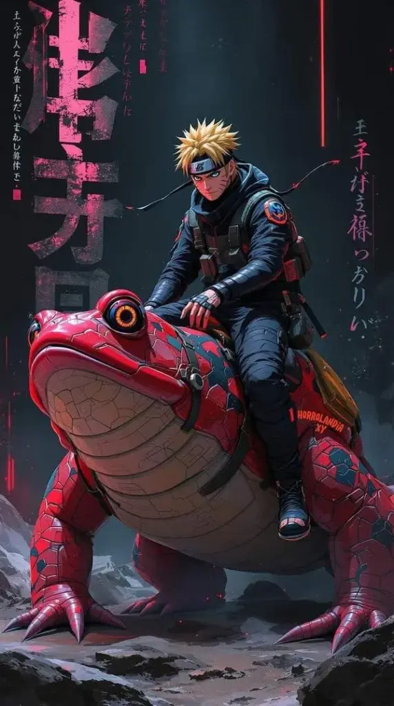 Hình nền Naruto 3D ngồi cùng sinh vật đỏ, nền biển hiệu hồng tím, bố cục lệch 1/3.