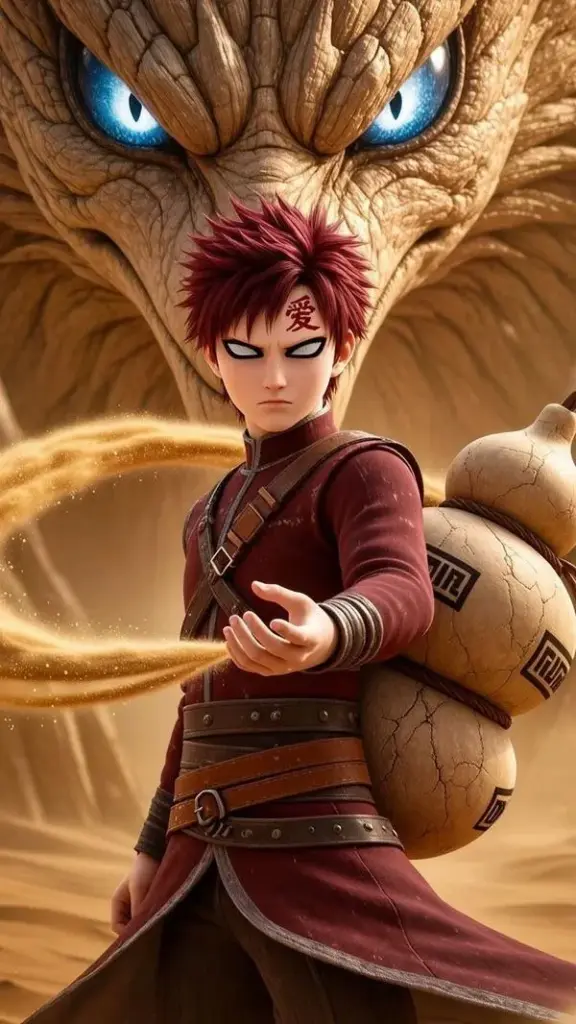 Gaara Naruto tạo thủ ấn, cát vàng bao quanh, mắt sắc và bóng đổ rõ, cảm giác lạnh lùng.