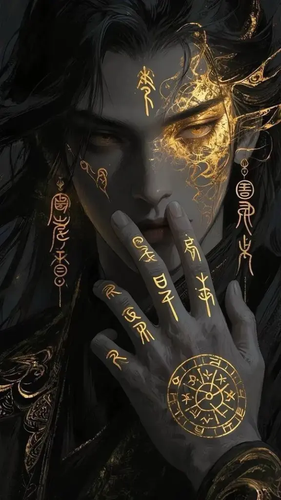 Ảnh nền chân dung nam bí ẩn, họa tiết vàng trên da, ánh sáng thấp tạo chiều sâu u tối.