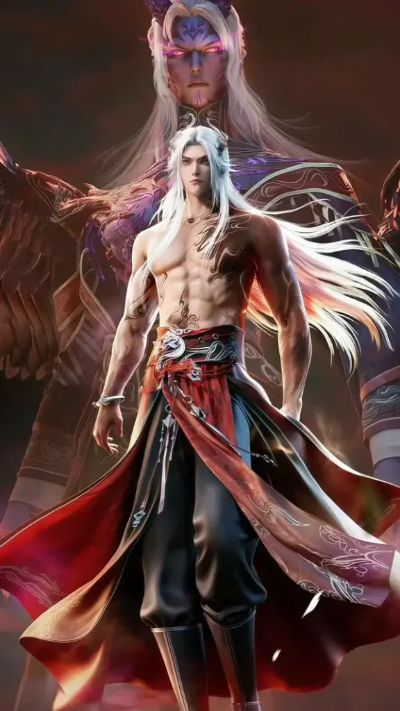 Nhân vật cổ trang tóc trắng, hiệu ứng khói sáng và viền sáng đỏ, bối cảnh rộng rất hùng tráng.