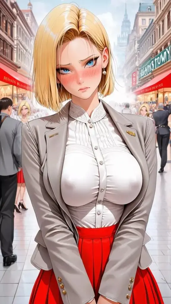 Hình nền Android 18 Dragon Ball trang phục trắng, ánh sáng studio, đường nét gọn và nền sáng sạch.