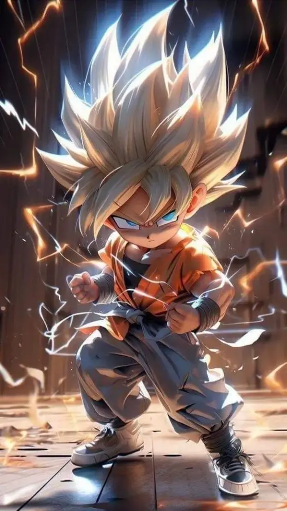 Ảnh nền Goku chibi siêu saiyan, tia điện xanh trắng, nền tối giúp nhân vật nổi bật rõ ràng.