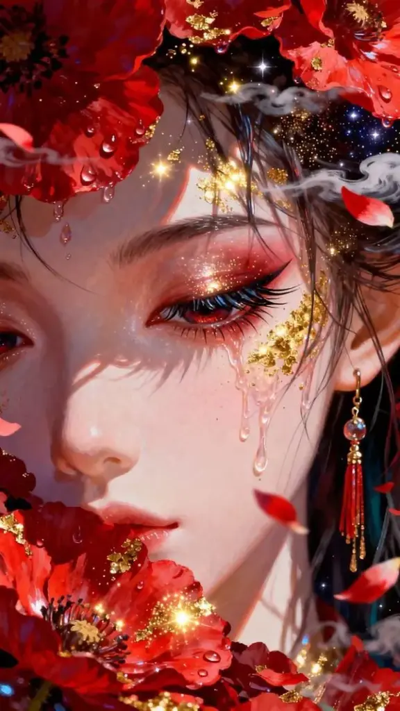 Chân dung cô gái phong cách cổ trang, mắt đỏ và son đậm, hoa văn đỏ tạo cảm giác kiêu sa.