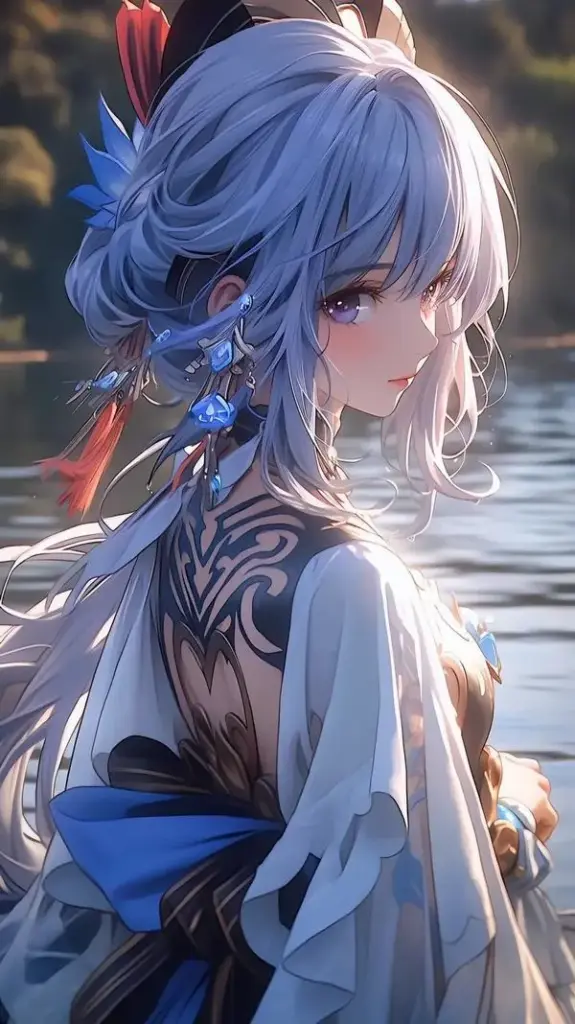 Wallpaper cô gái tóc xanh nhìn nghiêng, nền mưa mờ nhẹ, ánh viền lạnh làm gương mặt rất thơ.