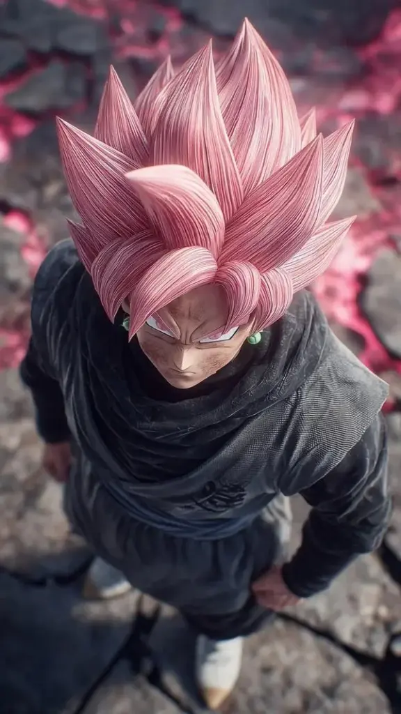 Hình nền nhân vật tóc hồng tạo dáng chiến đấu, nền tối đỏ, ánh viền làm tóc nổi khối rõ.