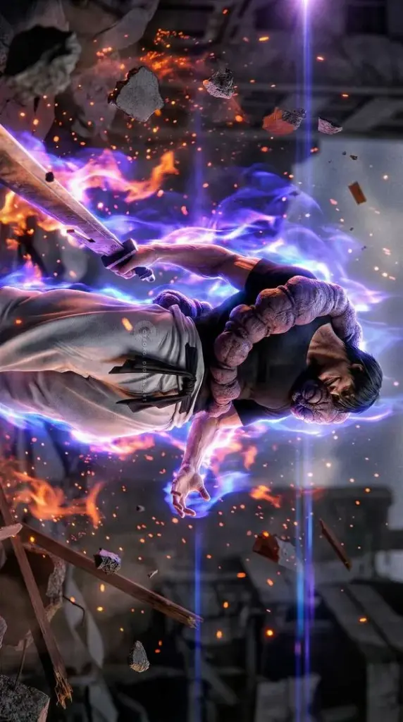 Quái vật cơ giới tím xanh, sét điện và tia sáng dày, nền thành phố mờ tạo cảm giác tốc độ.