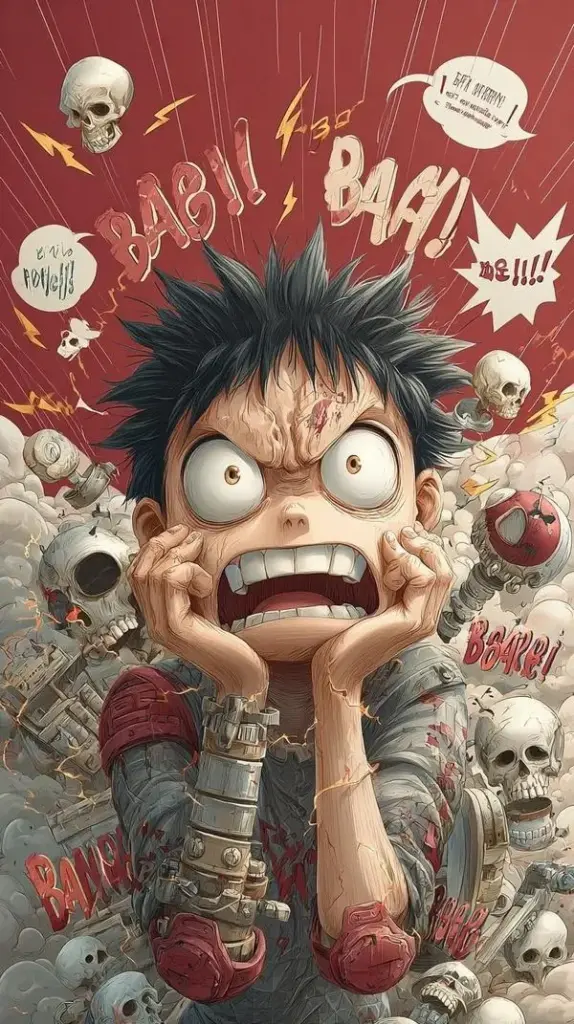 Luffy One Piece biểu cảm hoảng hốt, chi tiết tóc và bóng đổ rõ, nền đỏ họa tiết vui nhộn.